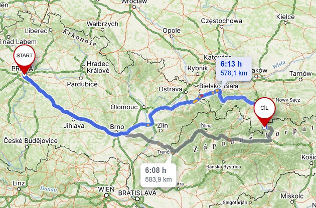 Cesta z Prahy do Tatranské Javoriny., zdroj: Mapy.cz