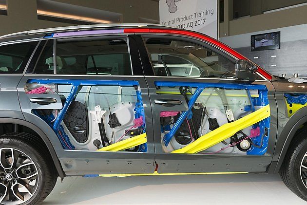 Systém (zde znázorněn růžově) se automaticky vysune při otevření dveří v úhlu 11 stupňů a při zavírání se sama zasune. Funguje nezávisle na elektrické soustavě vozu., zdroj: Se svolením Škoda.