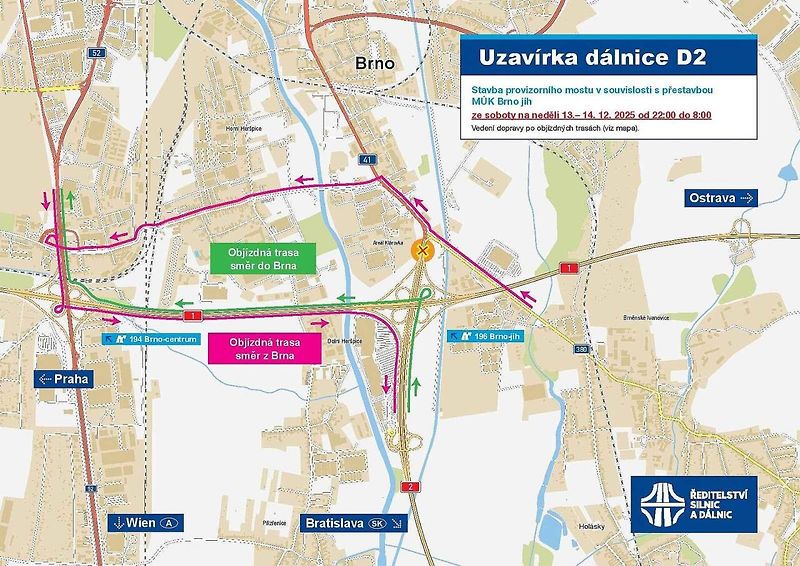 S omezeními musejí počítat řidiči jedoucí po dálnici D2 v Brně. O druhém prosincovém víkendu tam nastane úplná uzavírka.