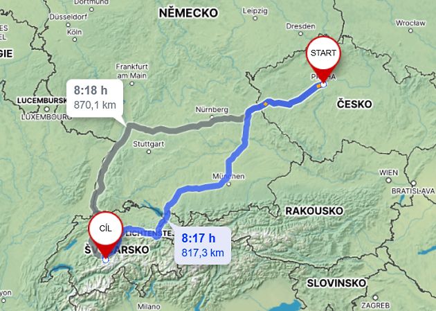 Cesta z Prahy do Lauterbrunnenu., zdroj: Mapy.cz