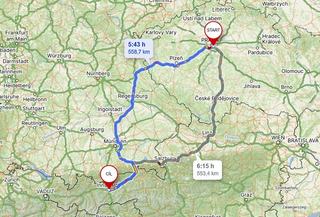 Cesta z Prahy do Innsbrucku., zdroj: Mapy.cz