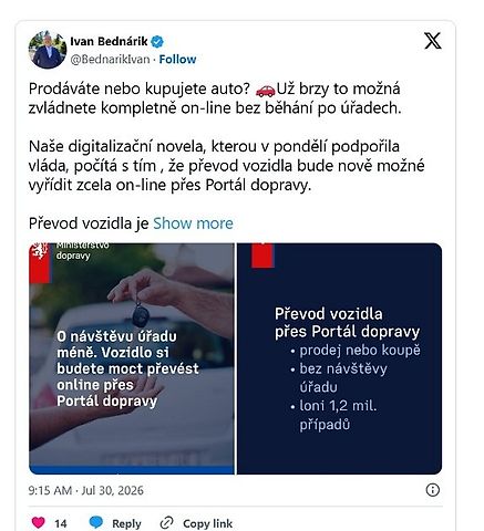 Zpráva ministra Bednárika na síti X., zdroj: X