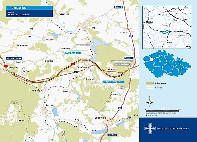 Mapa ukazuje, kudy dálnice D6 na jihu Podbořanska povede., zdroj: se svolením Ředitelství silnic a dálnic