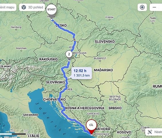 Cesta z Prahy do Cavtat., zdroj: Mapy.cz