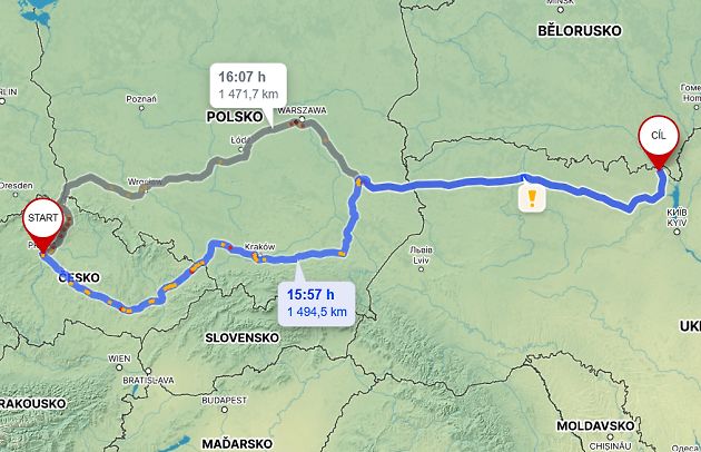 Cesta z Prahy do městečka Pripjať., zdroj: Mapy.cz