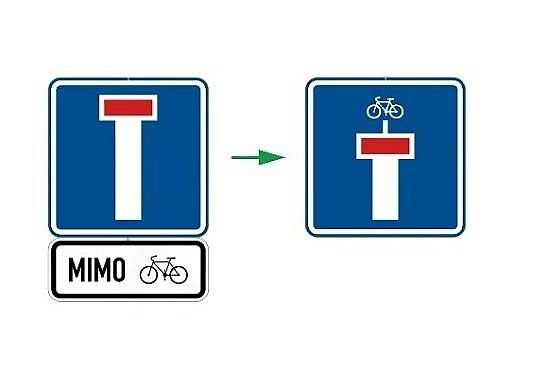 Slepá pozemní komunikace. Značku lze užít také pro označení pozemní komunikace, po které nelze dále pokračovat v jízdě s výjimkou cyklistů., zdroj: Zdroj: Ministerstvo dopravy