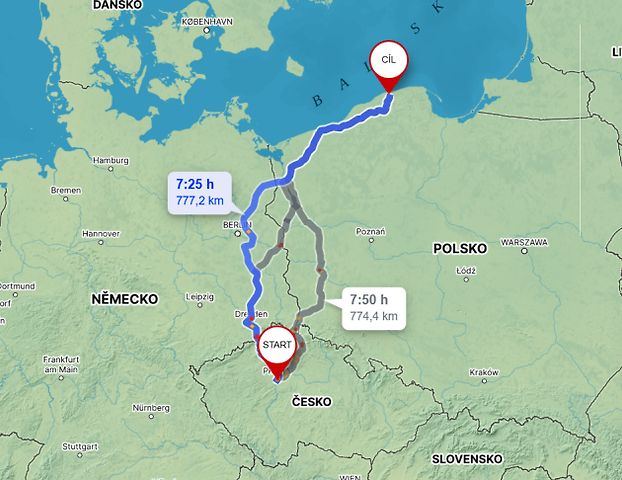 Cesta z Prahy do Slovinského národního parku, zdroj: Mapy.cz