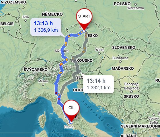 Cesta z Prahy k Villa d´Este v Tivoli., zdroj: Mapy.cz