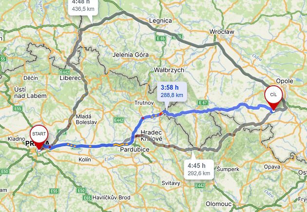 Cesta z Prahy k zámku Moszna., zdroj: Mapy.cz