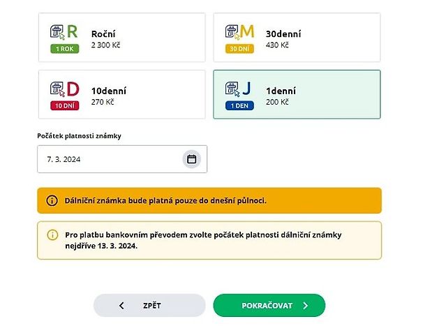Při nákupu jednodenní dálniční známky přes web edalnice.cz systém automaticky upozorní na platnost dálniční známky do půlnoci., zdroj: Deník/Miroslav Elsnic