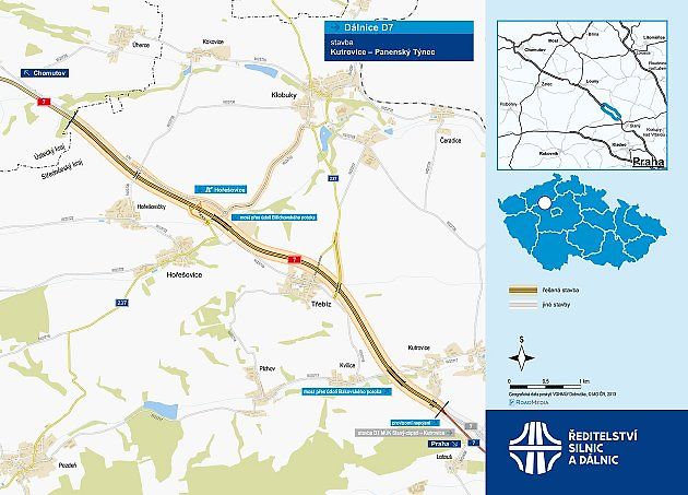 Mapka ukazuje, kudy povede dálnice D7 mezi Panenským Týncem a Kutrovicemi., zdroj: se svolením ŘSD