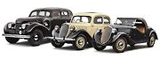 Vozy automobilky Škoda prodávané v roce 1936: Superb (vlevo) a dvě varianty Rapidu.