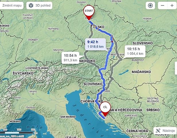 Cesta z Prahy do Národního parku Krka., zdroj: Mapy.cz