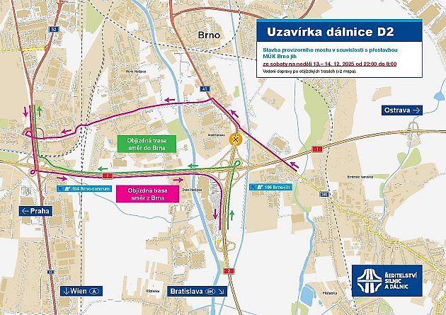 S omezeními musejí počítat řidiči jedoucí po dálnici D2 v Brně. O druhém prosincovém víkendu tam nastane úplná uzavírka., zdroj: Ředitelství silnic a dálnic (se souhlasem)
