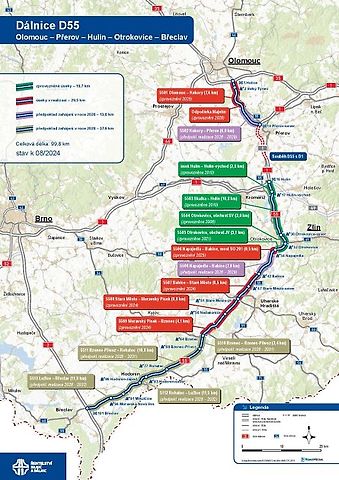Harmonogram stavby D55 Olomouc - Břeclav, stav k srpnu 2024, zdroj: ŘSD