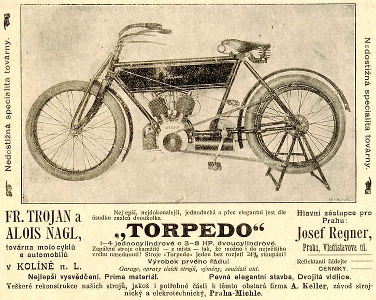 Motocykl Torpedo, který v roce 1905 vyrobila továrna František Trojan & Alois Nagl v Kolíně.