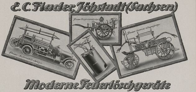 Reklamní plakát na hasičské výrobky firmy Flader., zdroj: Wikimedia Commons, neznámý autor, volné dílo