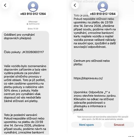 Falešné SMS zprávy, zdroj: MDČR