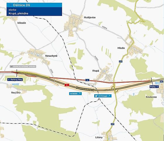 Mapa ukazuje, kudy povede dálnice D6 Praha - Karlovy Vary u Krupé., zdroj: se svolením ŘSD