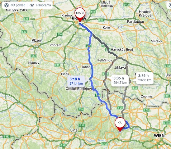 Cesta z Prahy do údolí Wachau., zdroj: Mapy.cz
