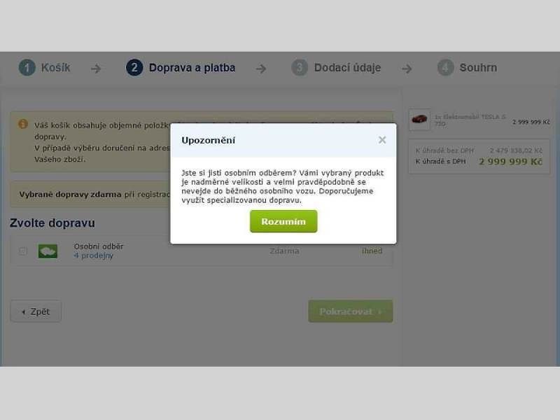 Prodej elektromobilů Tesla na e-shopu Alza.cz.