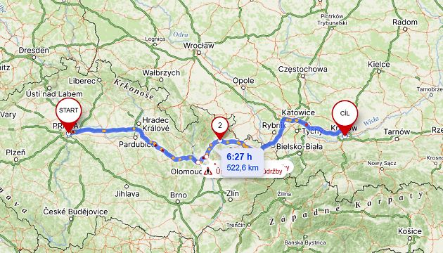 Cesta z Prahy na Náměstí hrdinů ghetta v Krakově., zdroj: Mapy.cz