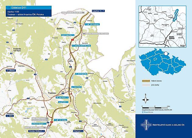 Mapa trasy budoucí dálnice D11 z Trutnova do Královce., zdroj: ŘSD