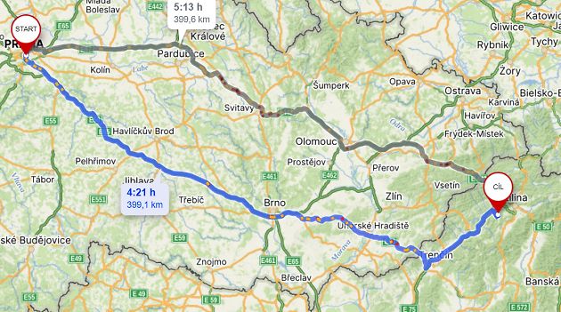 Cesta z Prahy do Súľovských skál., zdroj: Mapy.cz