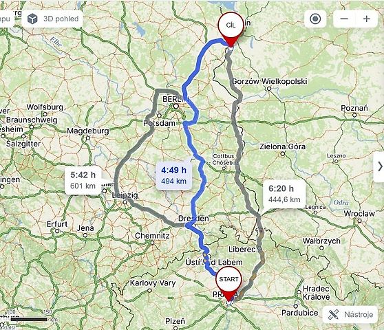 Cesta autem z Prahy ke Křivému lesu., zdroj: mapy.cz