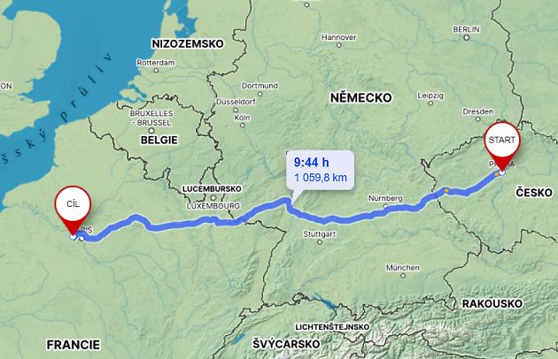Cesta z Prahy do obce Le Port-Marly v departementu Yvelines., zdroj: Mapy.cz