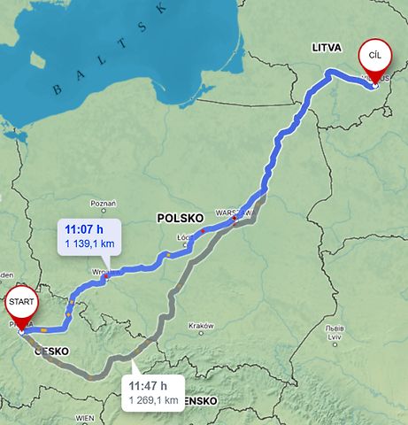 Cesta z Prahy do hlavního města Litvy Vilnius., zdroj: Mapy.cz