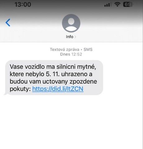 Ukázka podvodné SMS, zdroj: CENDIS, s. p.