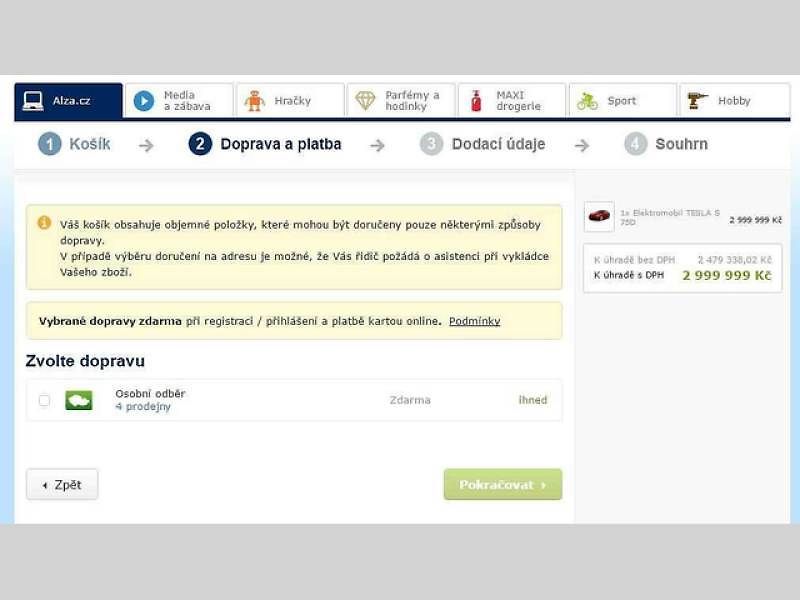 Prodej elektromobilů Tesla na e-shopu Alza.cz.