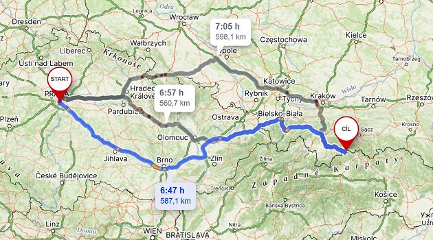 Cesta z Prahy do pohoří Pieniny., zdroj: Map.cz