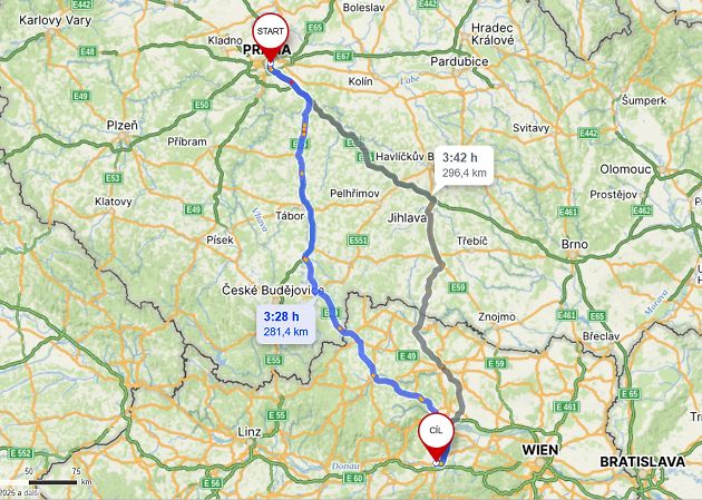 Cesta z Prahy do St. Pölten., zdroj: Mapy.cz