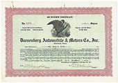 Prozatímní akciový certifikát společnosti Duesenberg Automobile & Motors Co., vydaný 17. listopadu 1921. Foto: Wikimedia Commons, neznámý autor, volné dílo