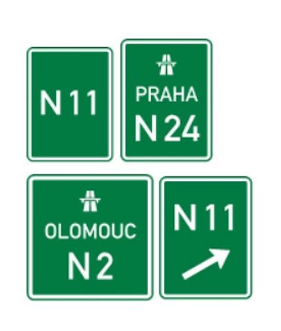 Náhradní trasa. Značka informuje zpravidla na dálnici o začátku trvale vyznačené náhradní trasy dálnice a jejím čísle. Je-li to v takovém případě účelné, může být na značce uveden také symbol a příslušný cíl dálnice., zdroj: Zdroj: Ministerstvo dopravy