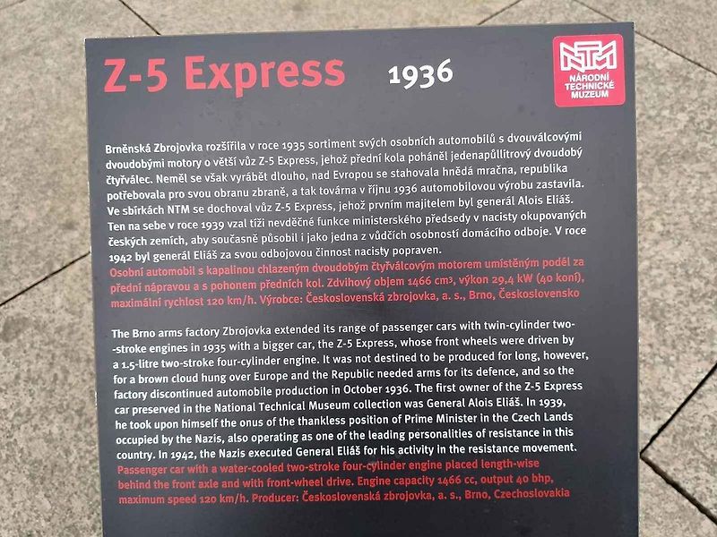 Automobil Z-5 Express ze sbírek Národního technického muzea, jímž jezdil nacisty popravený protektorátní premiér generál Alois Eliáš.