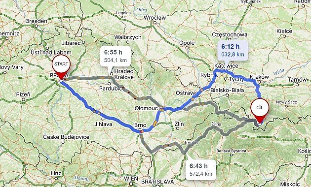 Cesta z Prahy do města Zakopané, zdroj: Mapy.cz