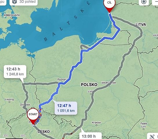 Cesta autem z Prahy do letoviska Palanga., zdroj: mapy.cz