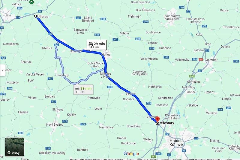 Jakmile napadl první sníh, na trasu jsme vyrazili, abychom změřili cestu mezi Úlibicemi a místem, kde se bude dálnice D35 napojovat u Plotiště na D11.