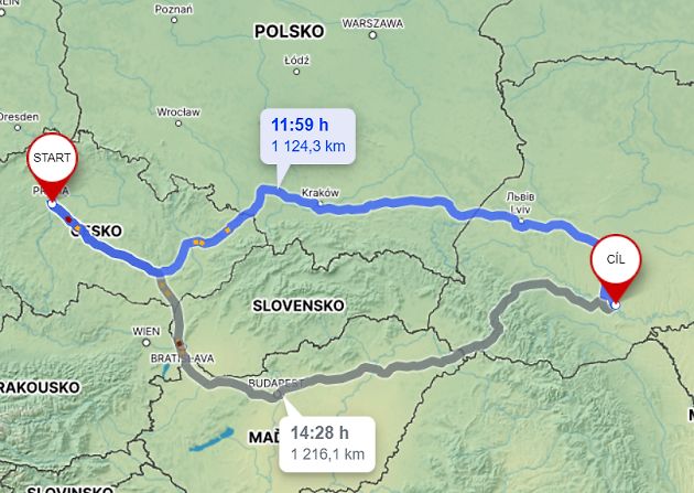 Cesta z Prahy k Optimistické jeskyni., zdroj: Mapy.cz