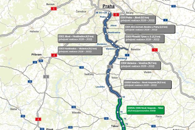 Trasa dálnice D3 - plánovaná středočeská část., zdroj: ŘSD