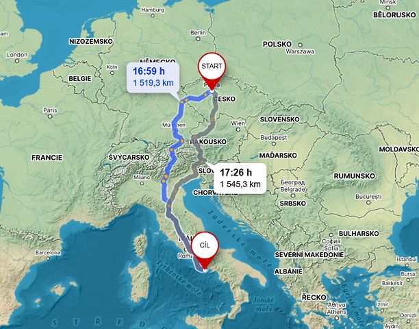 Cesta z Prahy k ostrovu Ischia., zdroj: Mapy.cz