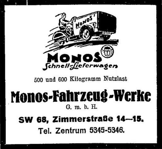 Dobový inzerát na motorovou tříkolku Monos., zdroj: Wikimedia Commons, neznámý autor, volné dílo