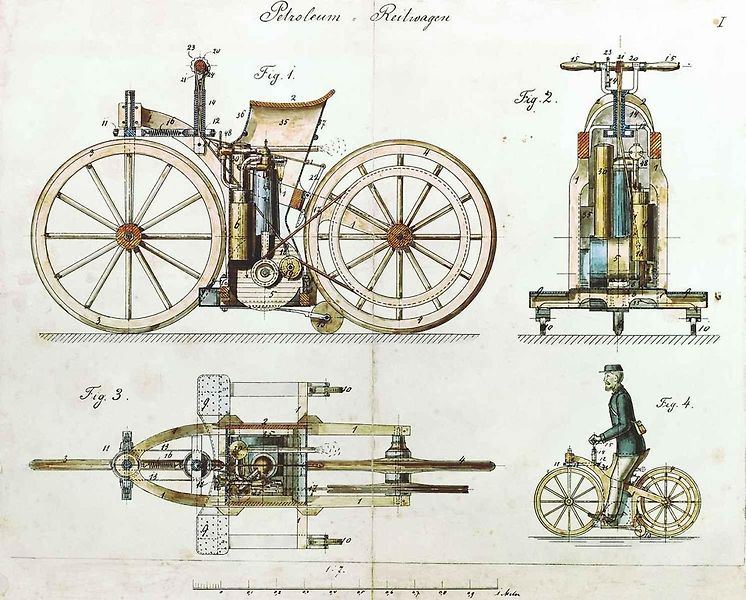 Replika motocyklu Daimler Reitwagen v Auto & Technic museu s Sinsheimu.