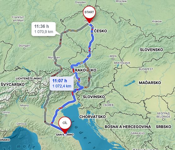 Cesta z Prahy do San Marina., zdroj: Mapy.cz