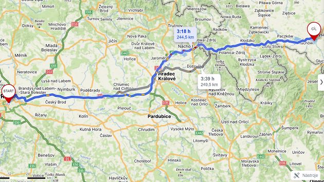 Cesta z Prahy na Nyské jezero., zdroj: Mapy.cz