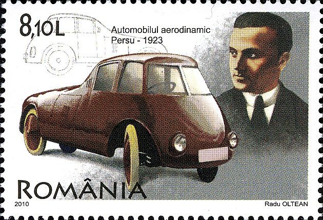 Známka vydaná v roce 2010, na níž je první aerodynamický automobil světa a jeho tvůrce Aurel Persu., zdroj: Wikimedia Commons, Post of Romania, volné dílo