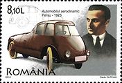Známka vydaná v roce 2010, na níž je první aerodynamický automobil světa a jeho tvůrce Aurel Persu.